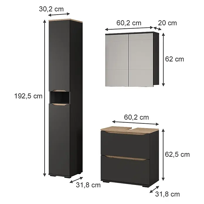 Vicco Badmöbel-Set Ruben, Anthrazit/Artisan-Eiche 60.2 cm -  - Modernes Badmöbel-Set in Dunkelgrau und hellem Holz: Hochschrank, Wandschrank und Unterschrank mit Maßen.