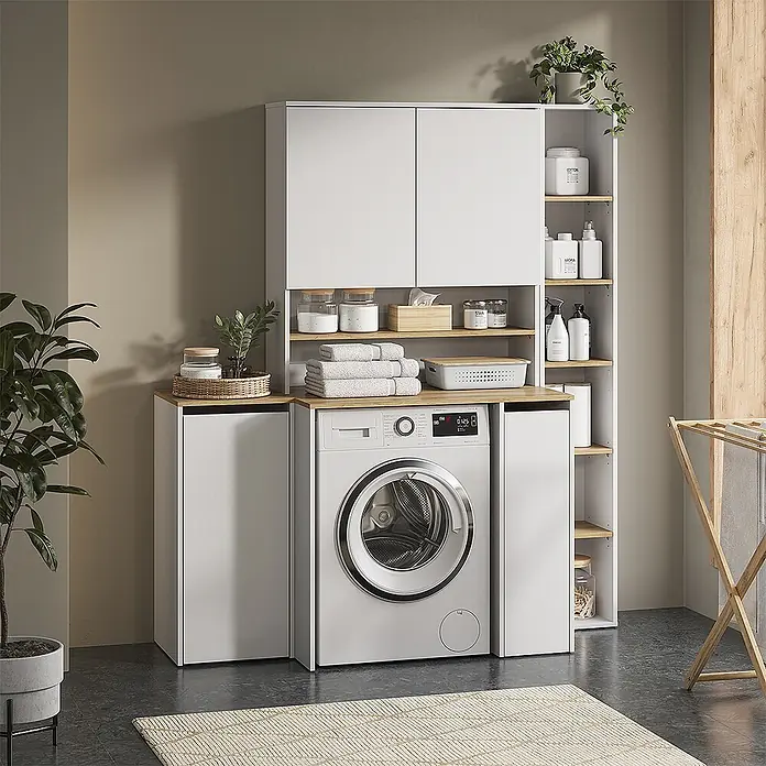 Vicco Badmöbel-Set Viktor, Weiß/Artisan-Eiche -  - Weißes Waschküchen-Aufbewahrungssystem mit Holzakzenten, um eine Waschmaschine gebaut, mit Schränken und Regalen zur Organisation.