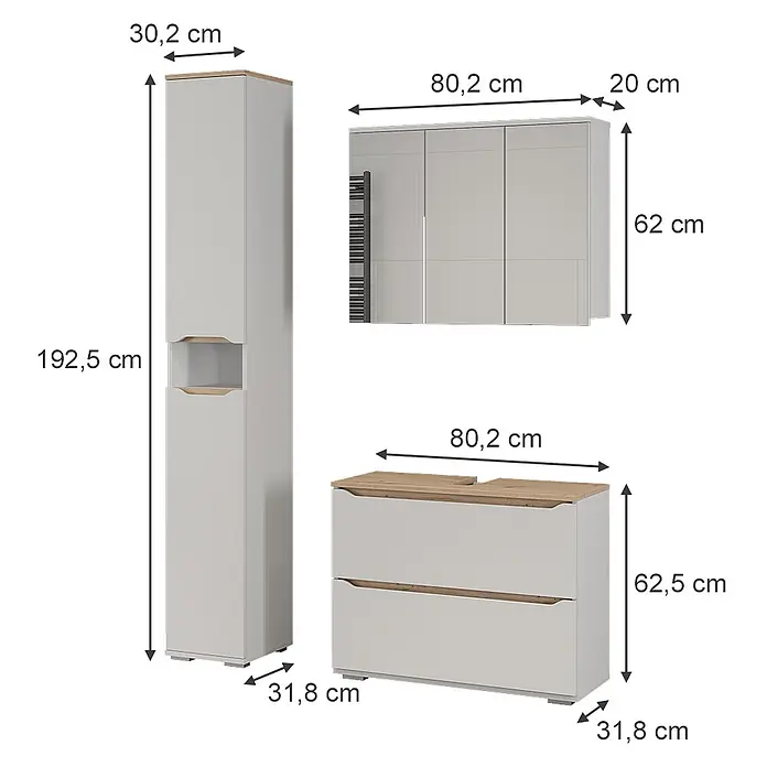 Vicco Badmöbel-Set Ruben, Weiß/Artisan-Eiche 80.2 cm -  - Hellgraues Badmöbel-Set mit Holzdetails, bestehend aus Hochschrank, Wandschrank und Waschtischunterschrank.