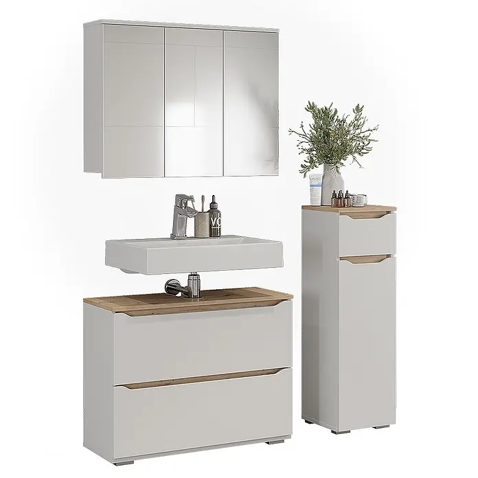 Vicco Badmöbel-Set Ruben, Weiß/Artisan-Eiche 80.2 cm -  - Modernes hellgraues Badmöbelset mit Spiegelschrank, wandmontiertem Waschbecken über zweischübigem Waschtisch und hohem Schrank, Holzdetails.