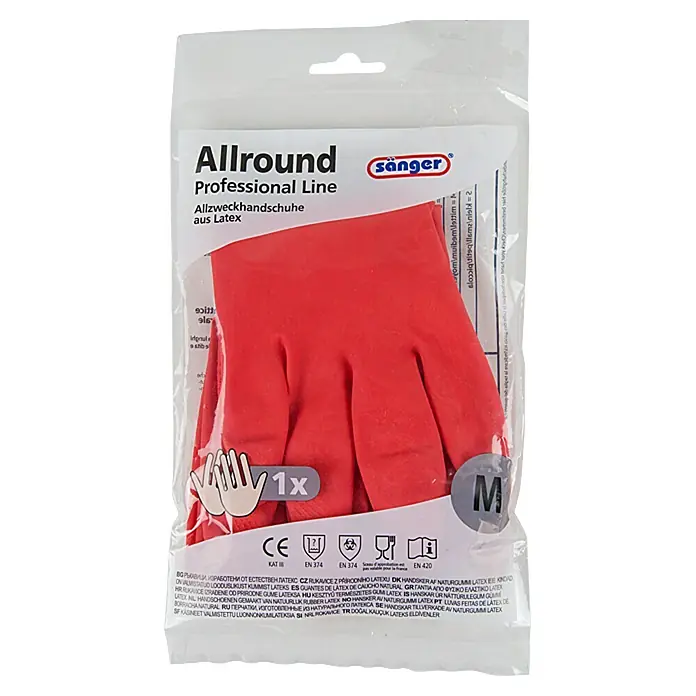 Sänger Professional Line Haushaltshandschuhe Allround - M, Rot, Latex - Rote Allround-Latexhandschuhe der Marke Sänger, Größe M, in einer transparenten Verpackung.