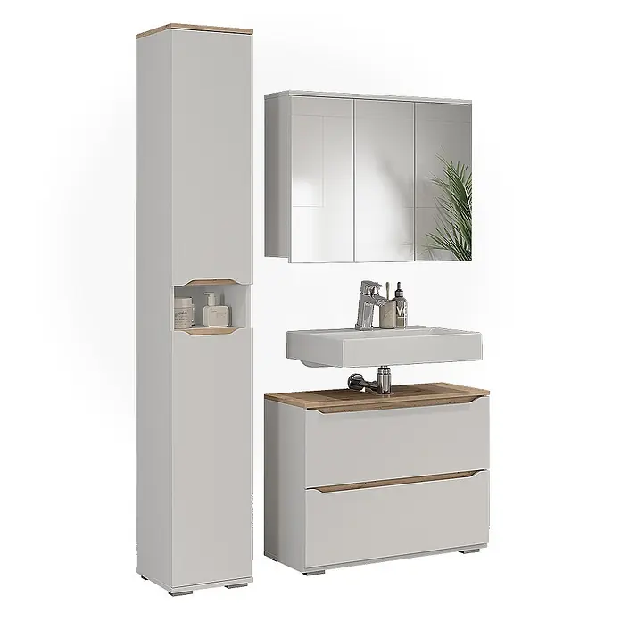 Vicco Badmöbel-Set Ruben, Weiß/Artisan-Eiche 80.2 cm -  - Modernes hellgraues Badezimmermöbelset mit Holzdetails: Hochschrank, Spiegelschrank, Waschbecken und Waschtischunterschrank.