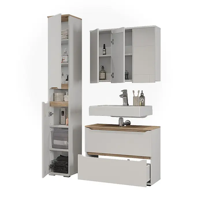 Vicco Badmöbel-Set Ruben, Weiß/Artisan-Eiche 80.2 cm -  - Modernes hellgraues Badmöbel-Set mit heller Holzabsetzung: Hochschrank, Wandschrank und Waschtischunterschrank mit offenen Schubladen.
