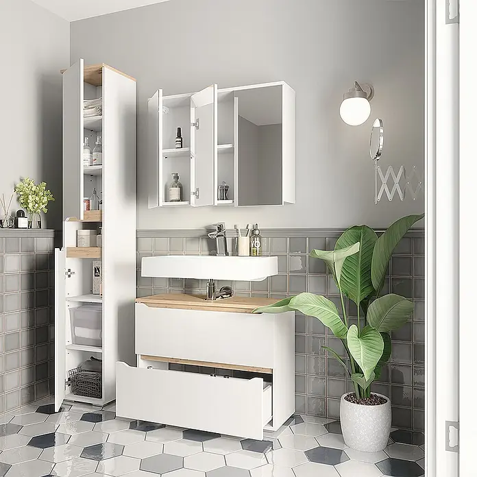 Vicco Badmöbel-Set Ruben, Weiß/Artisan-Eiche 80.2 cm -  - Modernes weißes Badmöbel-Set mit Waschbecken, hohem Schrank und Spiegelschrank, mit Holzdetails.
