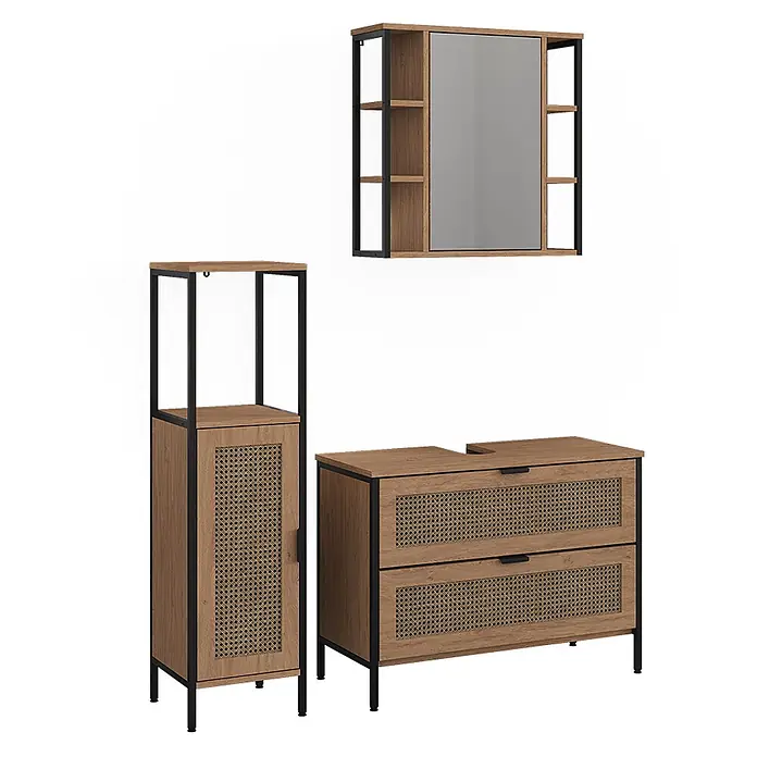 Vicco Badmöbel-Set - Eiche, Matt - Modernes Badmöbel-Set aus hellem Holzdekor mit schwarzen Metallrahmen und Rattan-Details: Spiegelschrank, Hochschrank, Waschtischunterschrank.