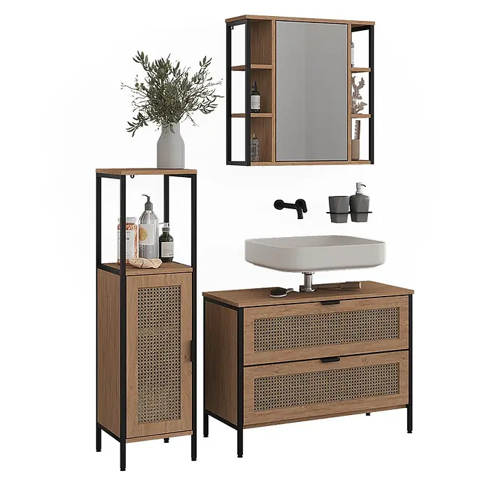 Vicco Badmöbel-Set - Eiche, Matt - Modernes Badmöbel-Set aus hellem Holz und schwarzem Metall mit Rattan-Akzenten, Spiegelschrank, Hochschrank und Waschtisch mit Waschbecken.