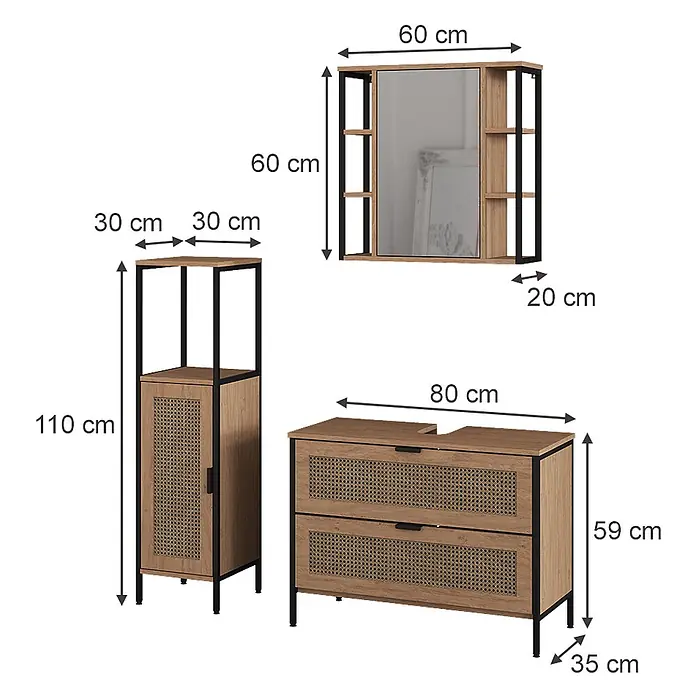 Vicco Badmöbel-Set - Eiche, Matt - Modernes Badmöbel-Set aus hellem Holz und schwarzem Metall mit Rattan-Details: ein Hochschrank, Spiegelschrank und ein Waschtischunterschrank.