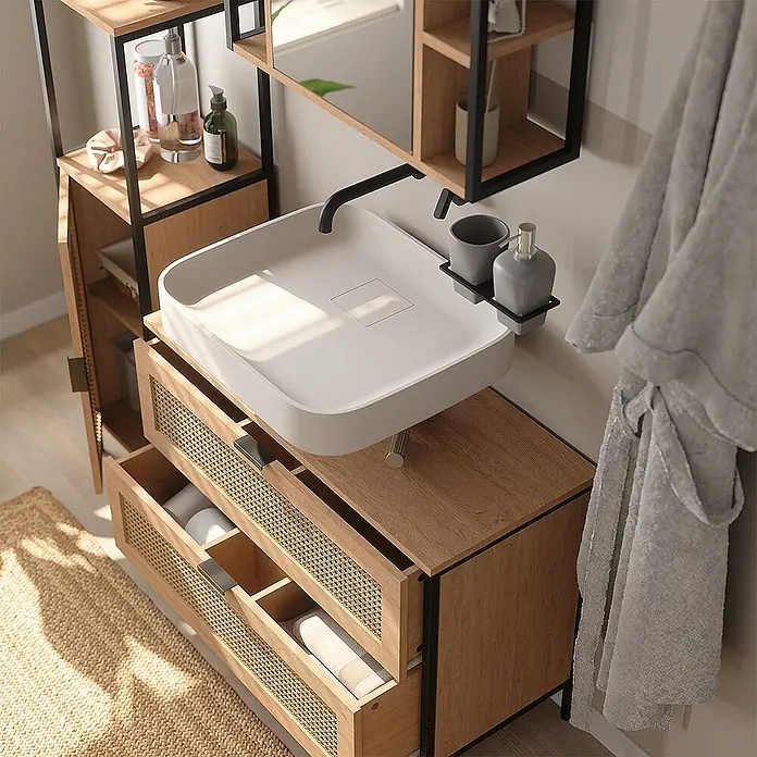 Vicco Badmöbel-Set - Eiche, Matt - Moderner Badezimmerschrank aus hellem Holz und schwarzem Metall, weißes Waschbecken, Rattan-Schubladenfronten.