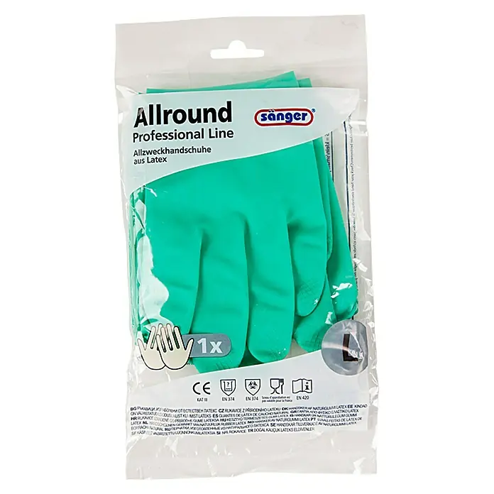 Sänger Professional Line Haushaltshandschuhe Allround - L, Grün, Latex - Grüne Allround Latexhandschuhe "Professional Line" von Sänger, Größe L, verpackt in einer transparenten Plastiktüte.