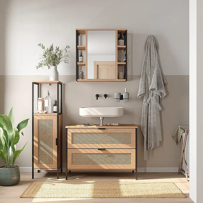 Vicco Badmöbel-Set - Eiche, Matt - Badezimmermöbel-Set aus hellem Holz, Rattan und schwarzem Metall, bestehend aus Waschtisch, Hochschrank und Spiegelschrank.