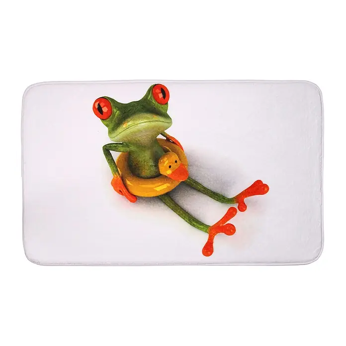 SANILO Badteppich Froggy 50 x 80 cm - 50 x 80 cm, Polyester, Grün - Badematte mit Design: Rotaugenlaubfrosch trägt gelben Enten-Schwimmring.