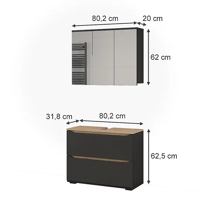 Vicco Badmöbel-Set Ruben, Anthrazit/Artisan-Eiche 80.2 cm -  - Zwei dunkelgraue und Holz-Badezimmerschränke mit Maßen: Spiegelschrank 80.2x20x62 cm, Waschtisch 80.2x31.8x62.5 cm.