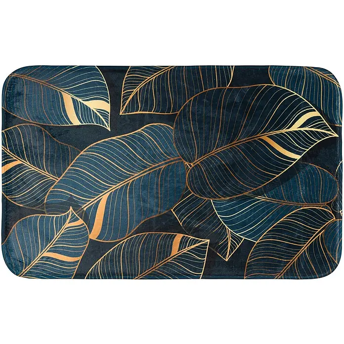 SANILO Badteppich Monstera 50 x 80 cm - 50 x 80 cm, Polyester, Grün - Plüschige, dunkelblaue Matte mit abgerundeten Ecken und goldener Blätterumrissmusterung.