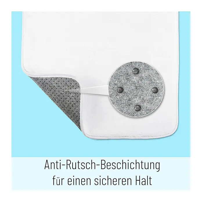 SANILO Badteppich Monstera 50 x 80 cm - 50 x 80 cm, Polyester, Grün - Weiße Matte mit Nahaufnahme der grauen, strukturierten Anti-Rutsch-Unterseite mit Noppen für sicheren Halt.