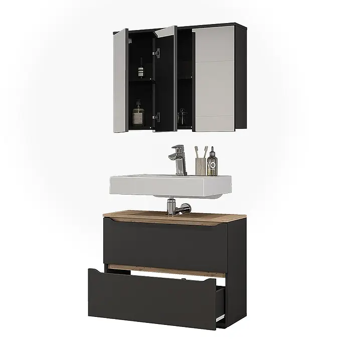Badmöbel-Set Ruben 80.2 cm Anthrazit Art.-Nr. 65881 -  - Modernes dunkelgraues Badmöbelset mit Hängeschrank, Waschtisch und Unterschrank mit offener Schublade.