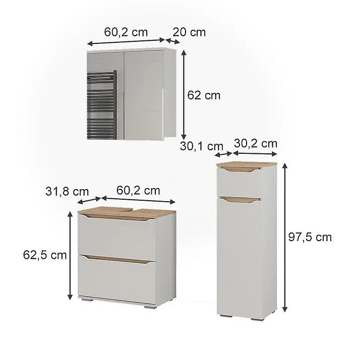 Vicco Badmöbel-Set Ruben, Weiß/Artisan-Eiche 60.2 cm -  - Set aus drei hellgrauen Badmöbeln mit Holzdetails: Hängeschrank, Waschtischunterschrank und Hochschrank.