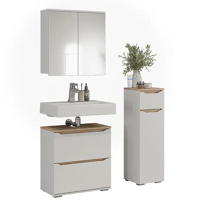 Vicco Badmöbel-Set Ruben, Weiß/Artisan-Eiche 60.2 cm -  - Modernes Badezimmermöbel-Set in Hellgrau mit Eichenakzenten, inklusive Spiegelschrank, Waschtischunterschrank und hohem Beistellschrank.