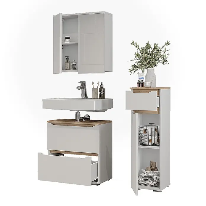 Vicco Badmöbel-Set Ruben, Weiß/Artisan-Eiche 60.2 cm -  - Modernes weißes Badmöbelset mit Holzdetails, bestehend aus Wandschrank, Waschbeckenunterschrank und hohem Stauraumschrank mit offenen Schubladen und Türen.