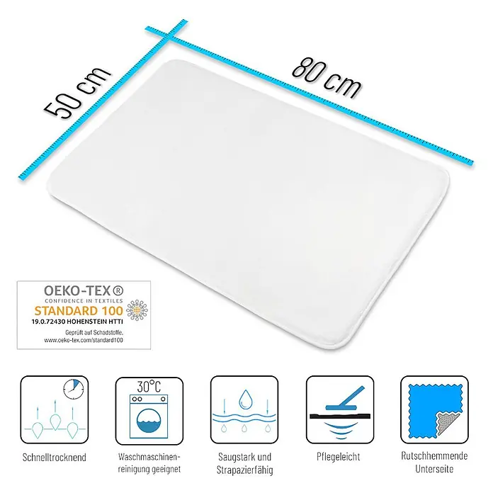 SANILO Badteppich Monstera 50 x 80 cm - 50 x 80 cm, Polyester, Grün - Weißer rechteckiger Badteppich, 50x80 cm, mit abgerundeten Ecken und rutschhemmender Unterseite.