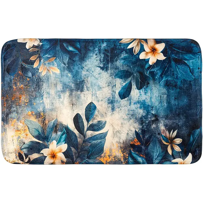 SANILO Badteppich Lilybud 50 x 80 cm - 50 x 80 cm, Polyester, Gelb - Rechteckiger Teppich mit blauen Tropenblättern und hellen Blüten auf abstraktem blau-goldenem Hintergrund.