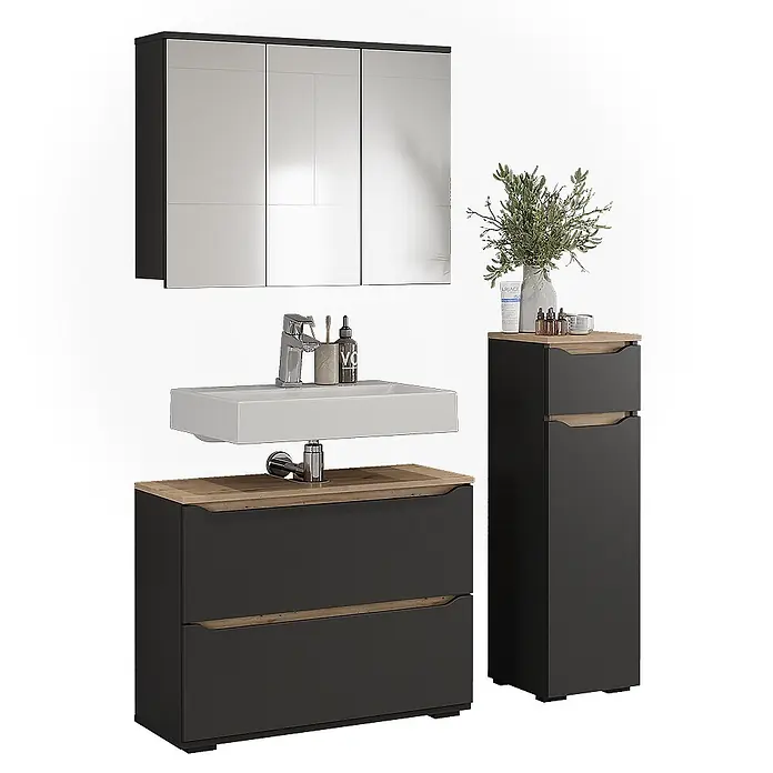 Vicco Badmöbel-Set Ruben, Anthrazit/Artisan-Eiche 80.2 cm -  - Anthrazitfarbener Badezimmerschrank mit Holzoptikplatte und weißem Keramikwaschbecken, passender Hochschrank und Spiegelschrank für ein modernes Badezimmer.