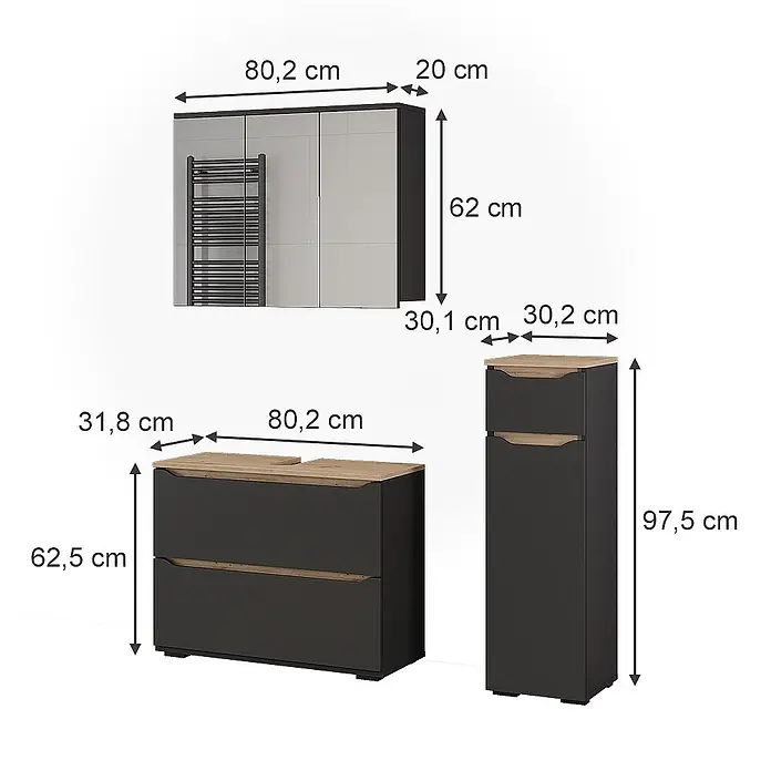 Badmöbel-Set Ruben 80.2 cm Anthrazit Art.-Nr. 65882 -  - Badezimmermöbel-Set in Dunkelgrau und Holzoptik: Wandschrank mit Handtuchhalter, Waschtischunterschrank und Hochschrank.