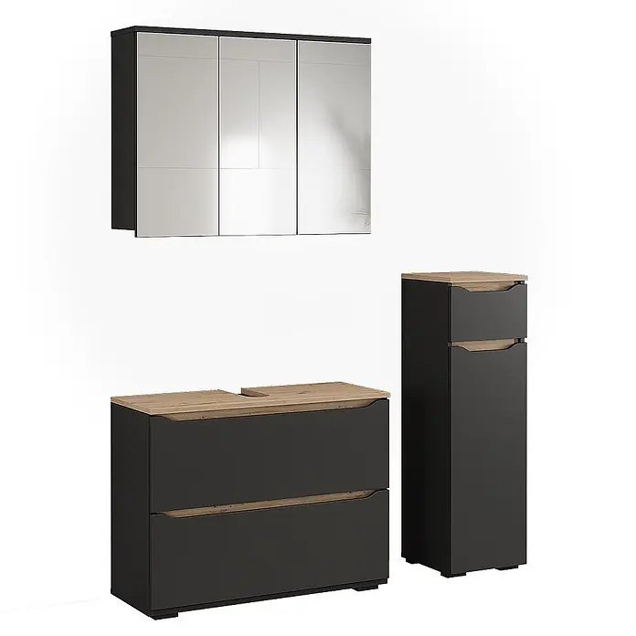 Badmöbel-Set Ruben 80.2 cm Anthrazit Art.-Nr. 65882 -  - Dunkelgraues Badmöbel-Set mit hellen Holzakzenten: Spiegelschrank, Waschtischunterschrank und Hochschrank.