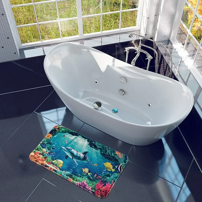 SANILO Badteppich Delphin Korallen 50 x 80 cm - 50 x 80 cm, Polyester, Blau - Bunte Badematte mit lebhaftem Unterwasserdesign: Delphin, Korallenriff und Fische, auf dunklem Badezimmerboden.