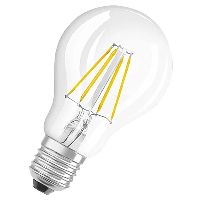 Osram LED-Lampe Glühlampenform E27 - E27, Nicht Dimmbar, Warmweiß, 470 lm, 4 W - Nahaufnahme einer klaren LED-Filamentlampe mit einem silbernen Sockel, die Energieeffizienz und modernes Design vereint.