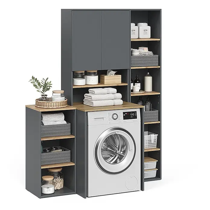 Badmöbel-Set Viktor 40 cm Anthrazit Art.-Nr. 59172 -  - Dunkelgraues Waschküchenschranksystem mit hellen Holzablagen, um eine Waschmaschine für organisierte Lagerung konzipiert.