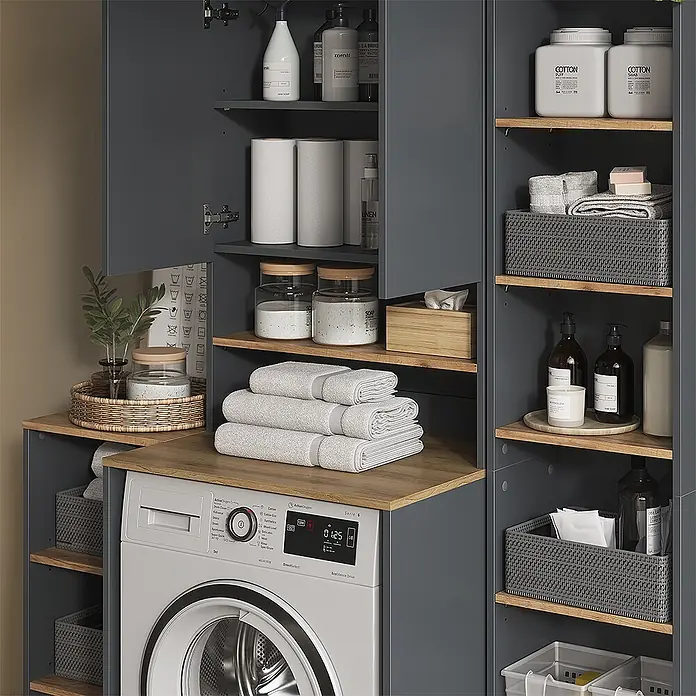 Badmöbel-Set Viktor 40 cm Anthrazit Art.-Nr. 59172 -  - Dunkelgraues Wäscheschranksystem mit Holzablagen und integrierter Waschmaschine für einen organisierten Waschraum.