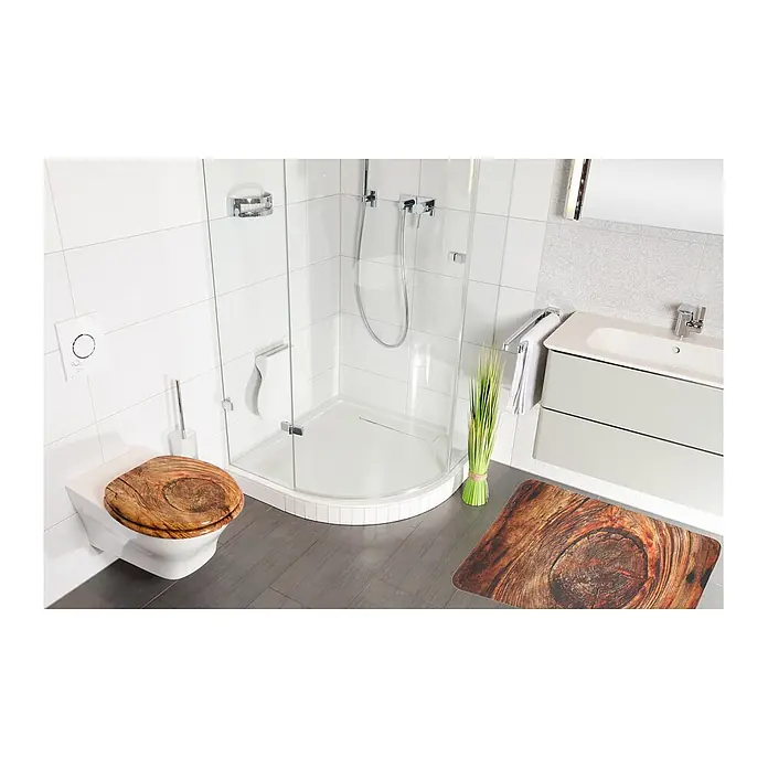 SANILO Badteppich Rustikal 50 x 80 cm - 50 x 80 cm, Polyester, Braun - Modernes Bad mit WC mit Holzoptik-Sitz und passender Badematte im Holzdesign.