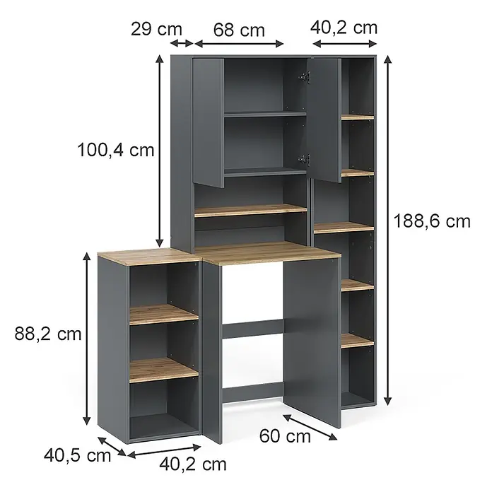 Badmöbel-Set Viktor 40 cm Anthrazit Art.-Nr. 59172 -  - Graue Schreibtisch-Kombination mit Eicheneffekt, integrierten Regalen und Schränken, maßgenau für einen kompakten Arbeitsplatz.