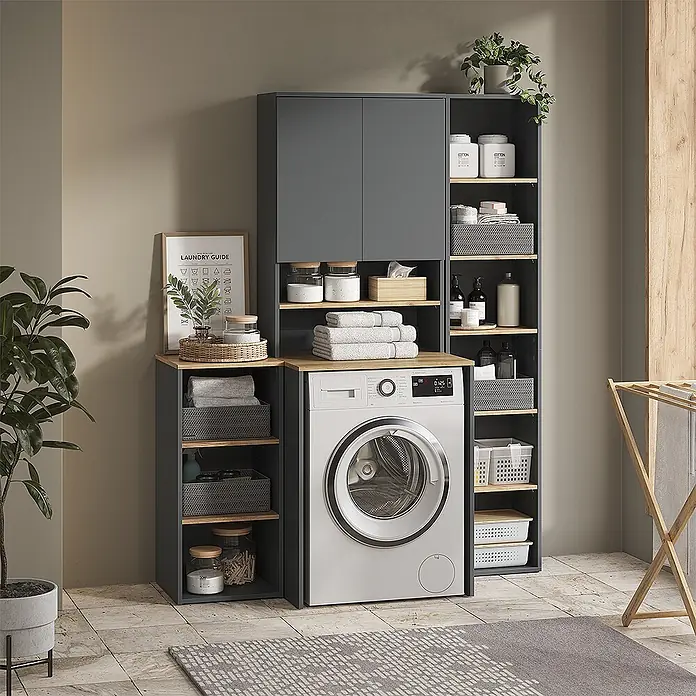 Vicco Badmöbel-Set Viktor, Anthrazit/Goldkraft Eiche -  - Dunkelgraues Waschküchen-Regalsystem mit Holzdetails und integrierter Waschmaschine. Ordentlicher Stauraum für Essentials.