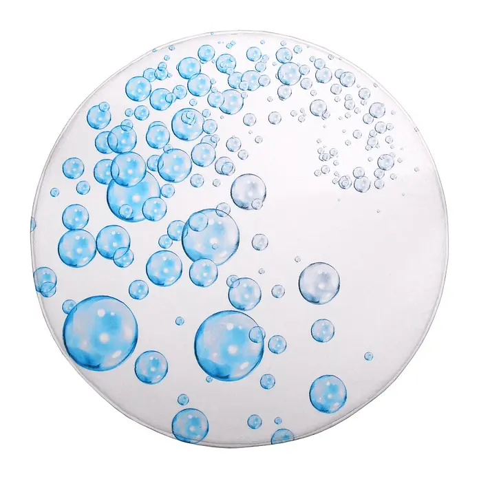 SANILO Badteppich rund Wasserblasen Ø 80 cm - 80 x 80 cm, Polyester, Blau - Runde weiße Matte mit lebhaftem blauem Blasenmuster.