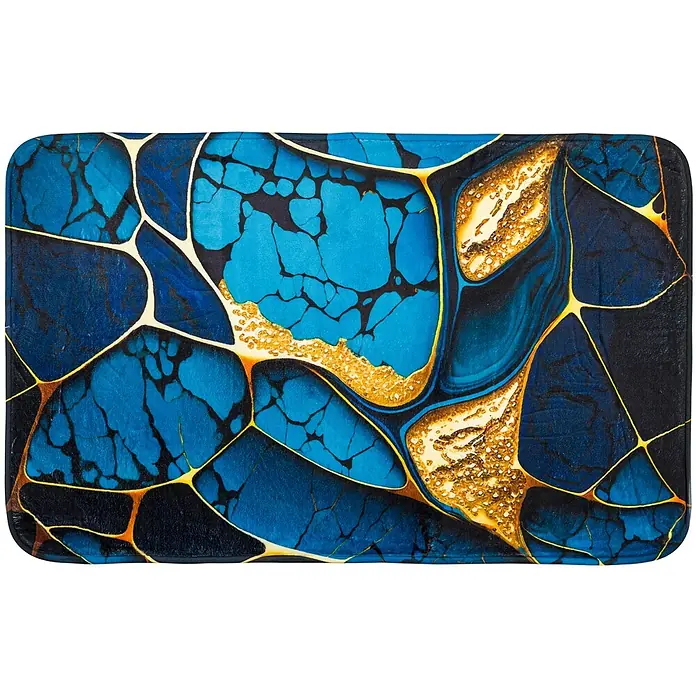 SANILO Badteppich Marmor Cobalt 50 x 80 cm - 50 x 80 cm, Polyester, Blau - Rechteckige Matte mit abstraktem Muster aus blauen und dunkelblauen Segmenten, akzentuiert durch schimmernde Goldlinien und goldene Texturen.