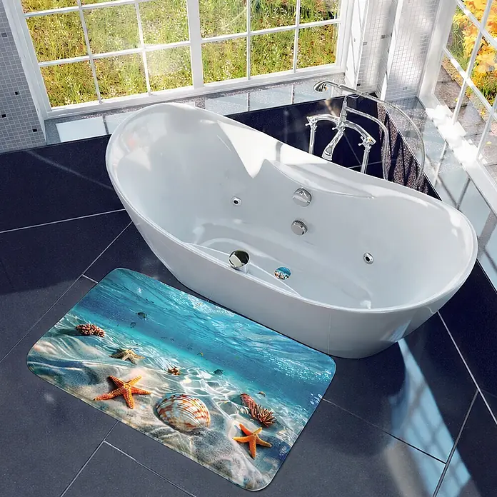 SANILO Badteppich Waterworld 50 x 80 cm - 50 x 80 cm, Polyester, Blau - Eine Badematte mit Unterwasser-Design, Seesternen und Muscheln, auf dunklem Fliesenboden neben einer weißen Badewanne.