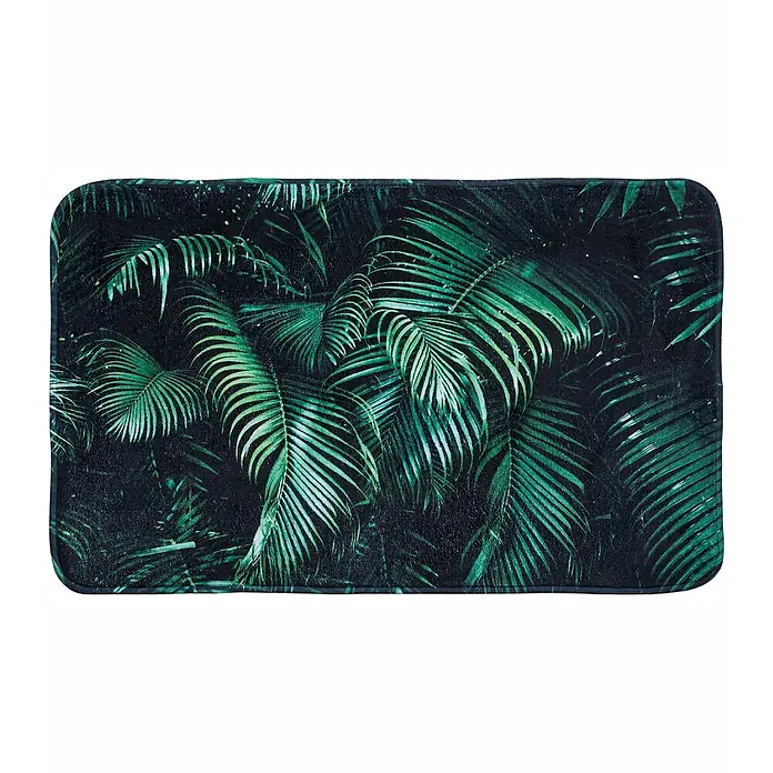 SANILO Badteppich Palmdream 50 x 80 cm - 50 x 80 cm, Polyester, Schwarz - Rechteckige Matte mit dunkelgrünem Palmenblattmuster und abgerundeten Ecken.