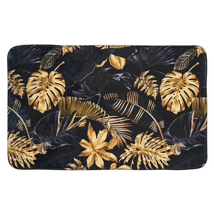 SANILO Badteppich Golden Leaves 70 x 110 cm - 70 x 110 cm, Polyester, Goldfarben - Rechteckige Matte mit luxuriösem gold-schwarzem Tropenblattmuster, mit Monstera-, Palm- und Farnblättern.