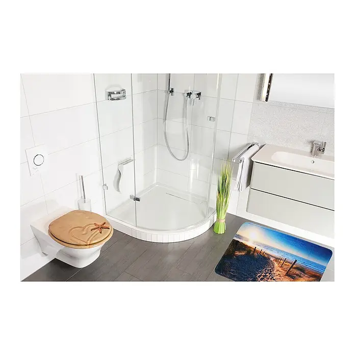 SANILO Badteppich Düne 50 x 80 cm - 50 x 80 cm, Polyester, Braun - Strandthematisches Badezimmer mit sandigem Toilettensitz und Badematte mit Küstenpfadmotiv.