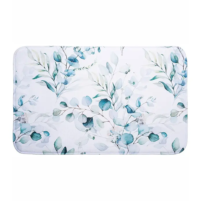 SANILO Badteppich Eukalyptus 50 x 80 cm - 50 x 80 cm, Polyester, Weiß - Rechteckige Matte mit abgerundeten Ecken und einem Aquarell-Eukalyptusblattmuster in Grün- und Blautönen.