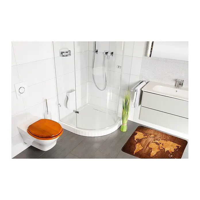 SANILO Badteppich World Map 50 x 80 cm - 50 x 80 cm, Polyester, Braun - Braune Badematte mit Vintage-Weltkarten-Design auf Holztextur.