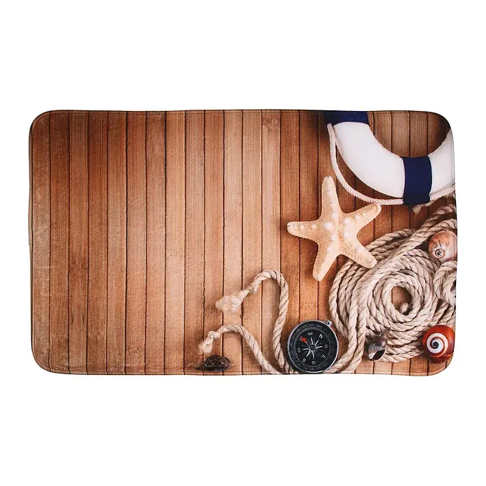 SANILO Badteppich Maritime 70 x 110 cm - 70 x 110 cm, Polyester, Braun - Rechteckige Matte mit Holzplankenmuster und maritimer Dekoration: Rettungsring, Seestern, Seil und Kompass.