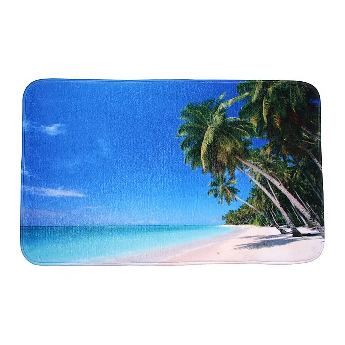 SANILO Badteppich Karibik 50 x 80 cm - 50 x 80 cm, Polyester, Blau - Weiche rechteckige Matte mit lebendigem Tropenstrandmotiv, blauer Himmel, Meer, weißer Sand und Palmen.