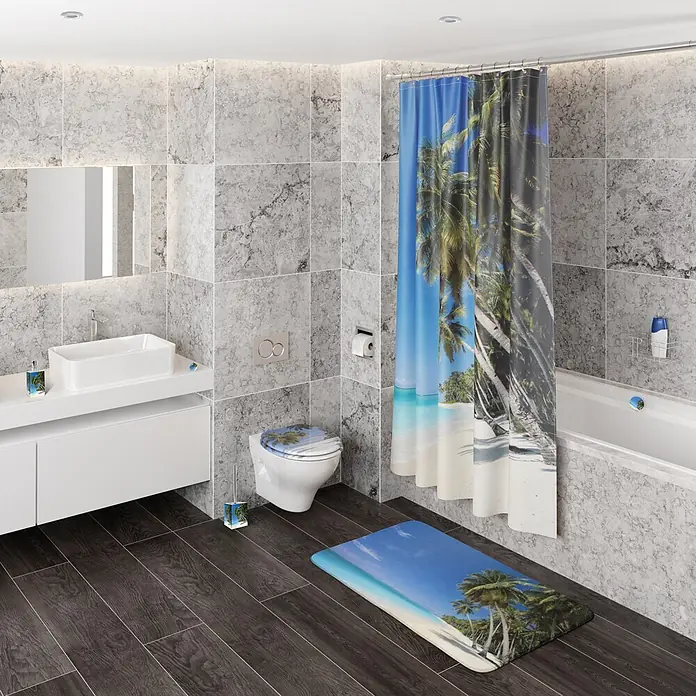 SANILO Badteppich Karibik 50 x 80 cm - 50 x 80 cm, Polyester, Blau - Badezimmer-Accessoire-Set mit tropischem Stranddesign, inklusive Duschvorhang, Toilettensitzbezug und Badematte.