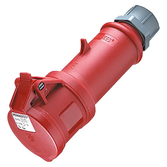 Mennekes CEE-Kupplung - 32 A, 400 V, Polanzahl: 5 Stk., IP44 - Eine rote Mennekes-Industriesteckvorrichtung mit einem grauen Verschluss, die für robuste Anwendungen in Industrieumgebungen konzipiert ist.