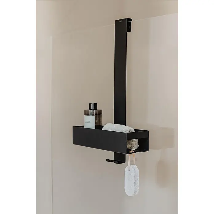 Zack Duschkorb Alos - L x B x H: 11,2 x 26 x 44 cm, Schwarz, 1 Ablagefläche - Schwarzes Duschregal aus Metall mit Ablage und Haken, über Duschwand hängend, für Badeutensilien.