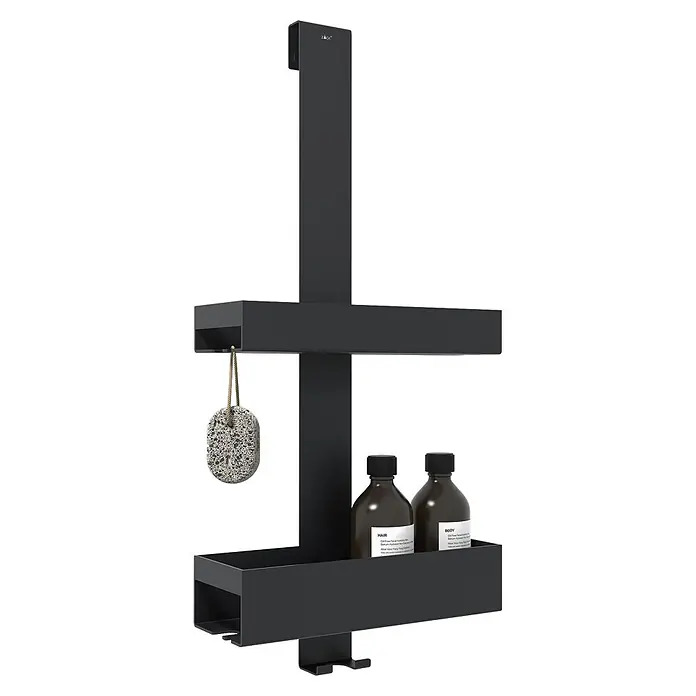 Zack Duschkorb Alos - L x B x H: 11,2 x 26 x 58 cm, Schwarz, 2 Ablageflächen - Schwarzer Duschkorb aus mattem Metall zum Aufhängen, mit Ablagen für Badprodukte und Haken für Zubehör.