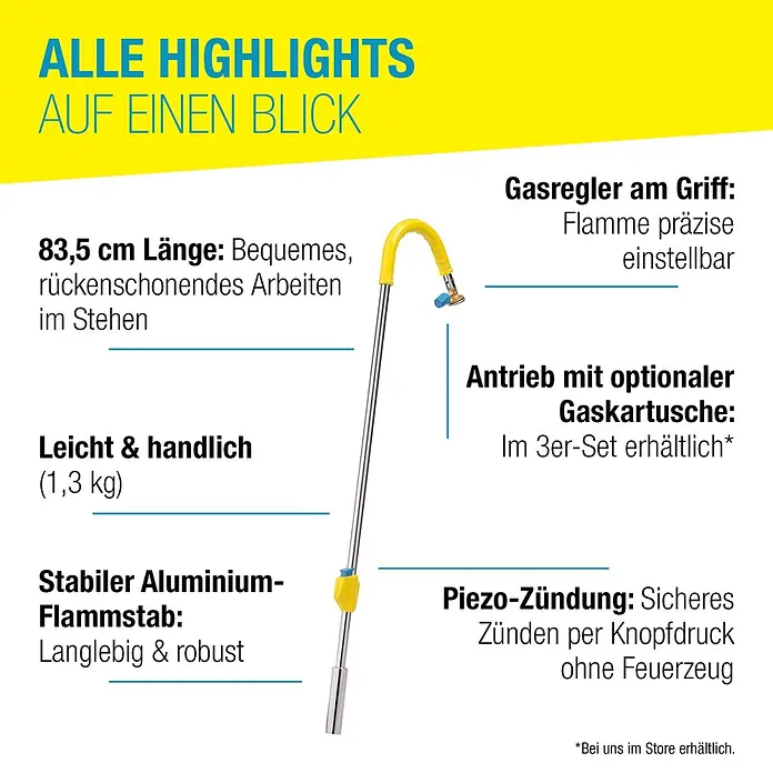 Gloria Unkrautvernichter Thermoflamm Classic - Flammtemperatur: 1.000 °C, Piezo-Zündung - Langer, silberner Gasbrenner mit gelbem Griff und blauen Akzenten, mit präziser Flammenregelung und Piezo-Zündung.
