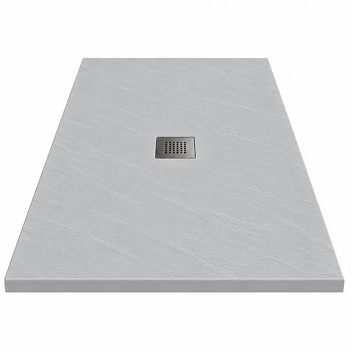 FRASCIO New Tecnology Duschwanne Vulcano Line - L x B: 220 x 65 cm, Verbundwerkstoff, Lichtgrau RAL 7035 - Hellgraue, strukturierte, rechteckige Duschwanne mit quadratischem Metallablauf.